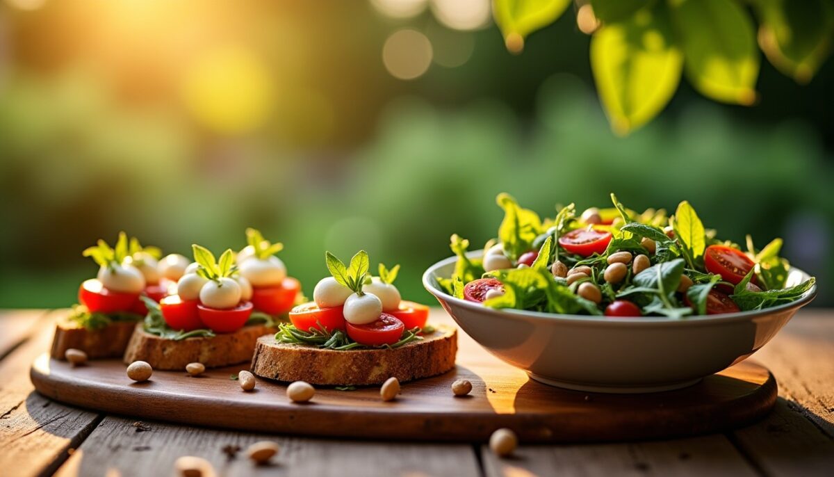 Délice Estival : Salade Croquante de Noix Accompagnée de Tartines Gourmandes à la Tomate et Mozzarella