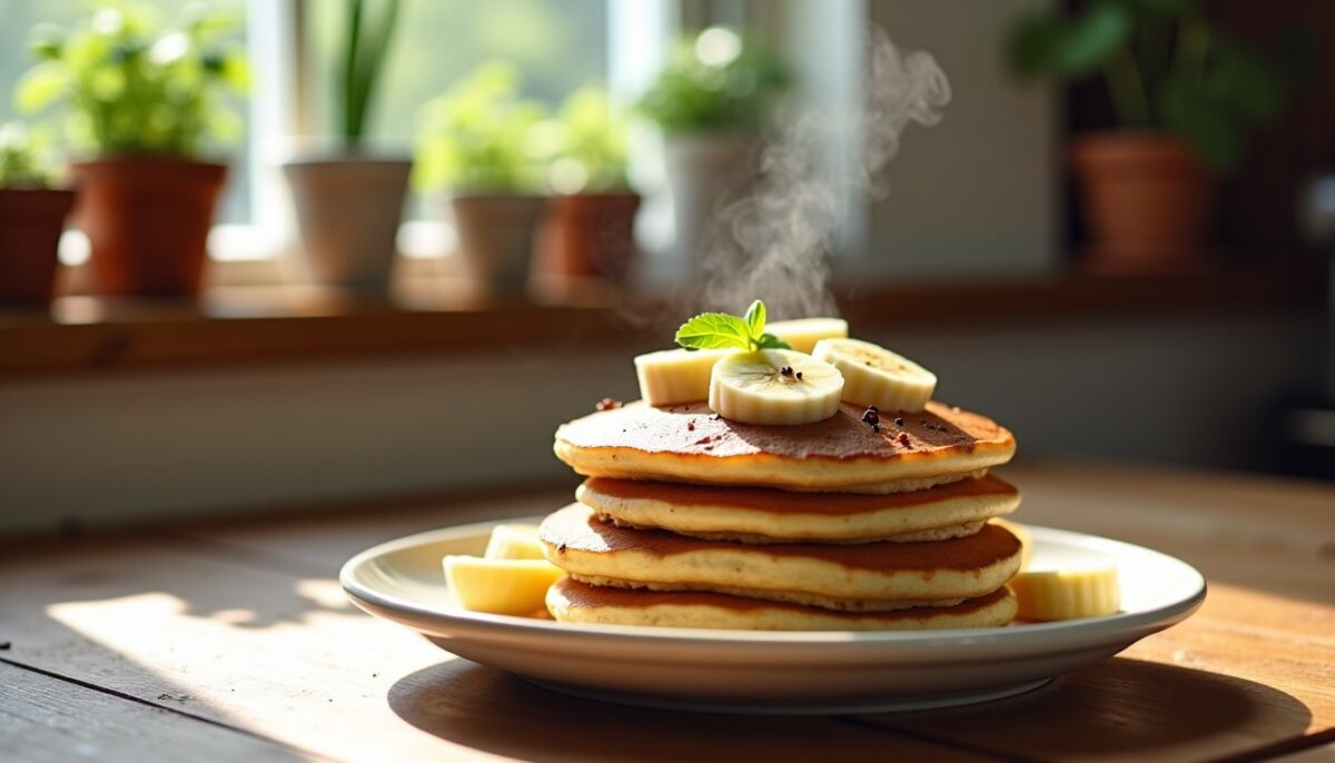 Délicieux pancakes à la banane et vanille, farine complète et sans sucre ajouté Délicieux pancakes à la banane et vanille, farine complète et sans sucre ajouté