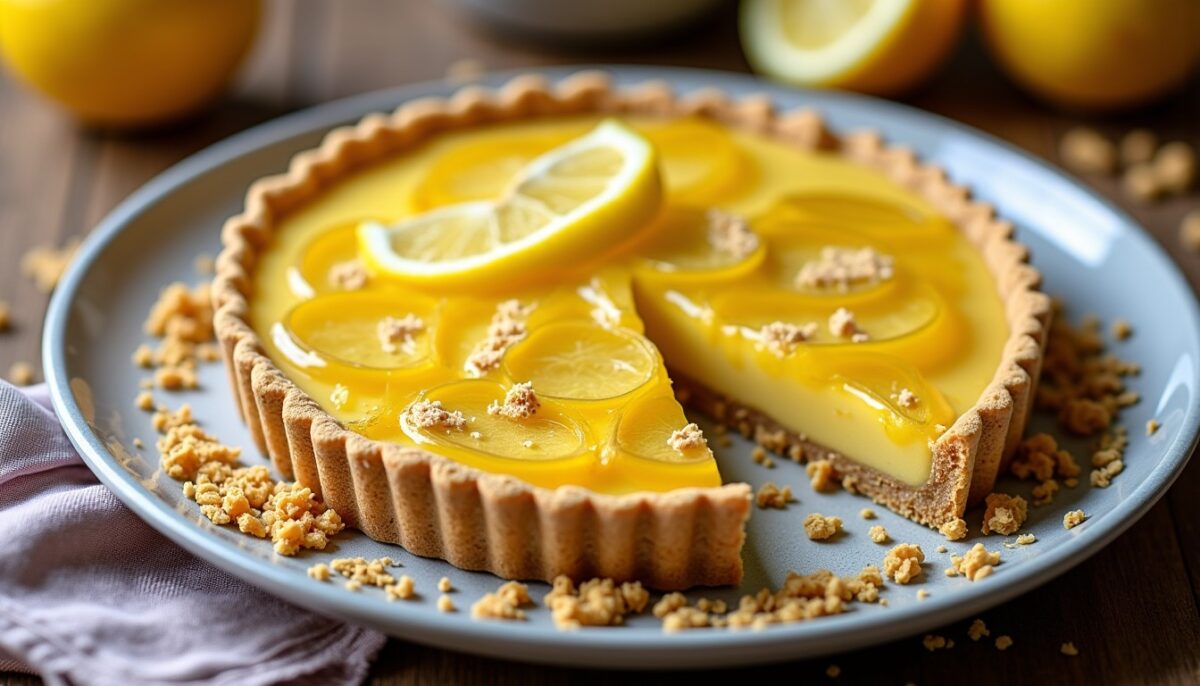 Délicieuse tartelette vegan au citron et poire, enrichie de muesli croquant Délicieuse tartelette vegan au citron et poire, enrichie de muesli croquant