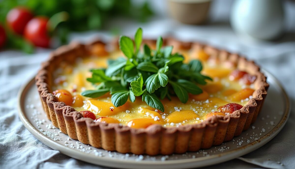 Délicieuse tarte aux épinards et sésame sur lit de semoule Délicieuse tarte aux épinards et sésame sur lit de semoule